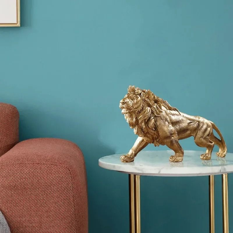 Estátua de Leão Dourado em Resina para Decoração