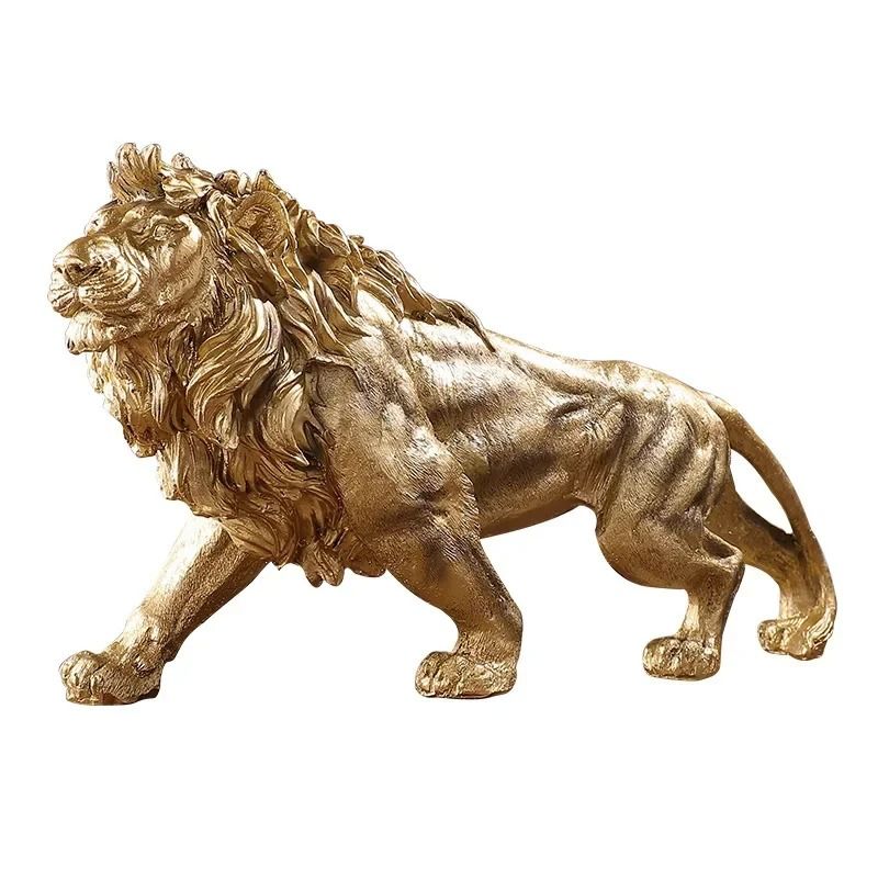 Estátua de Leão Dourado em Resina para Decoração