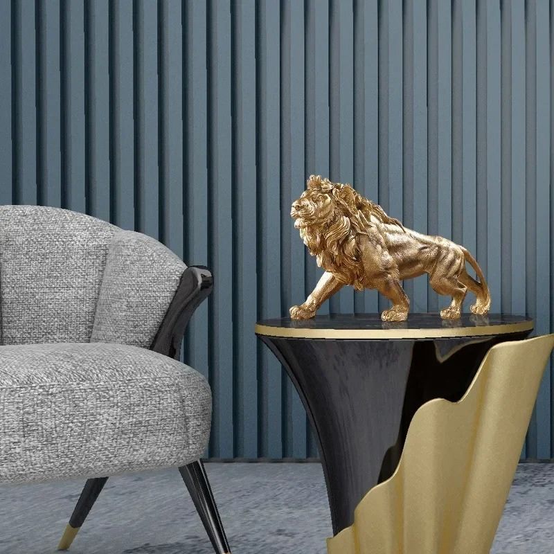 Estátua de Leão Dourado em Resina para Decoração