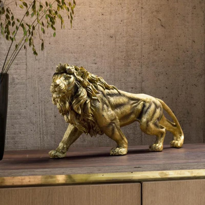 Estátua de Leão Dourado em Resina para Decoração