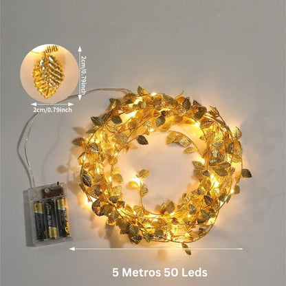 Cordão de Luzes LED Decorativo com Folhas Douradas