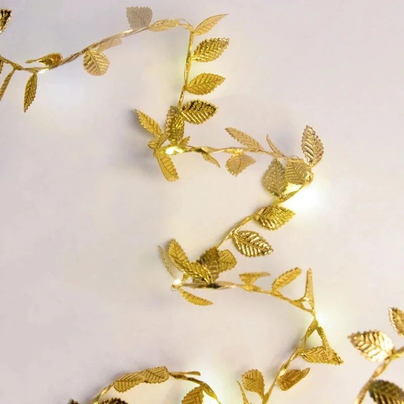 Cordão de Luzes LED Decorativo com Folhas Douradas
