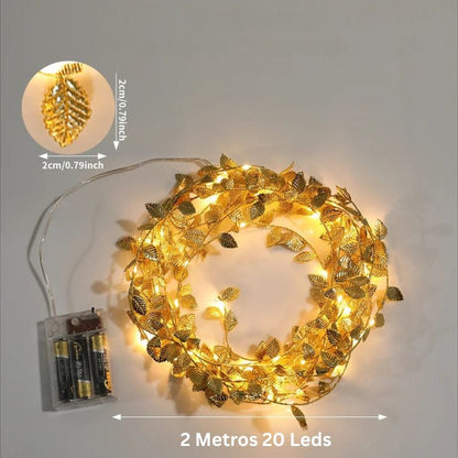 Cordão de Luzes LED Decorativo com Folhas Douradas