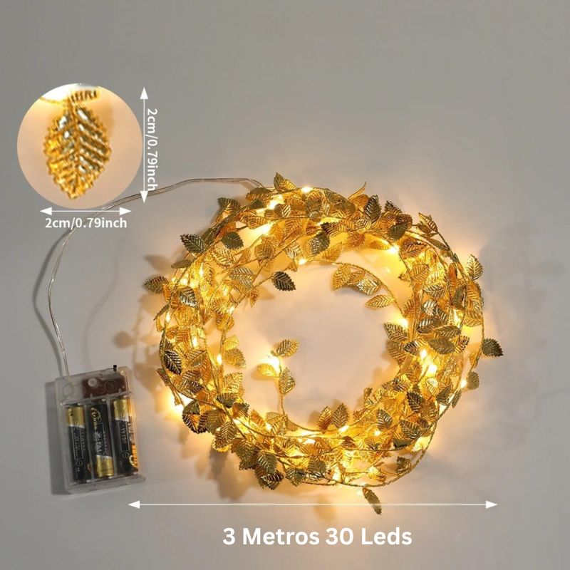 Cordão de Luzes LED Decorativo com Folhas Douradas