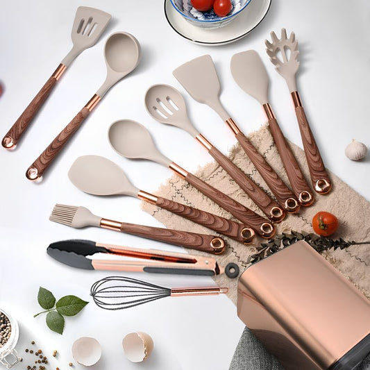 Kit Utensílios de Cozinha Silicone 6, 10 e 12 Peças Com Organizador Rosé