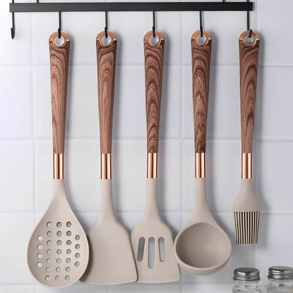 Kit Utensílios de Cozinha Silicone 6, 10 e 12 Peças Com Organizador Rosé