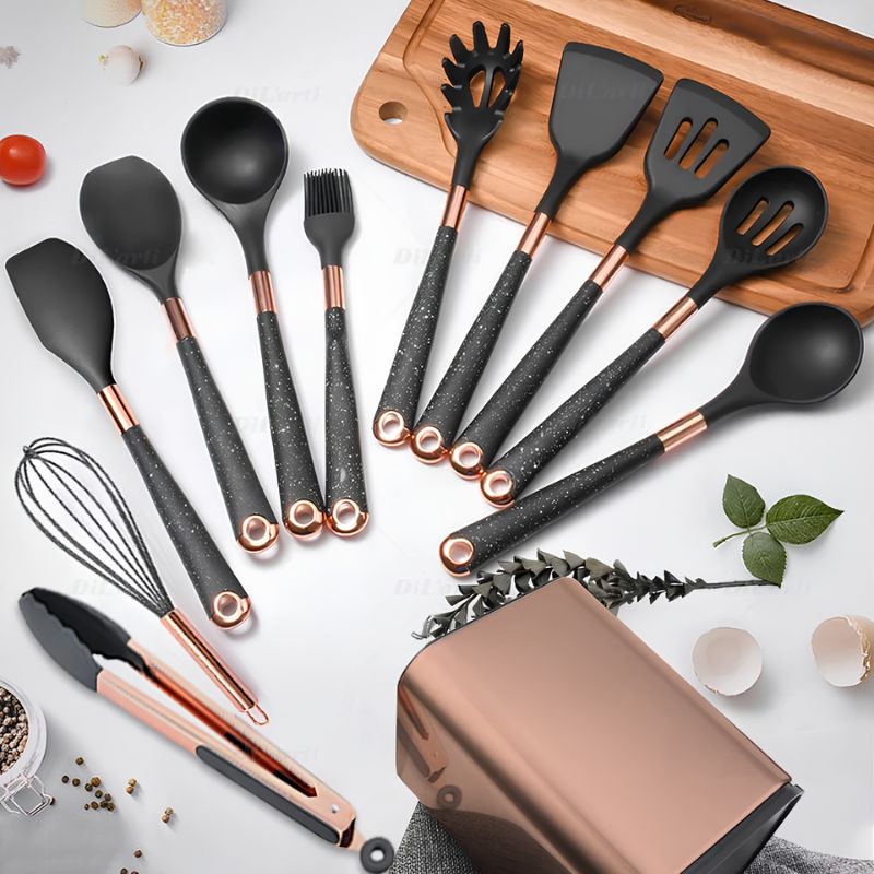 Kit Utensílios de Cozinha Silicone 6, 10 e 12 Peças Com Organizador Rosé