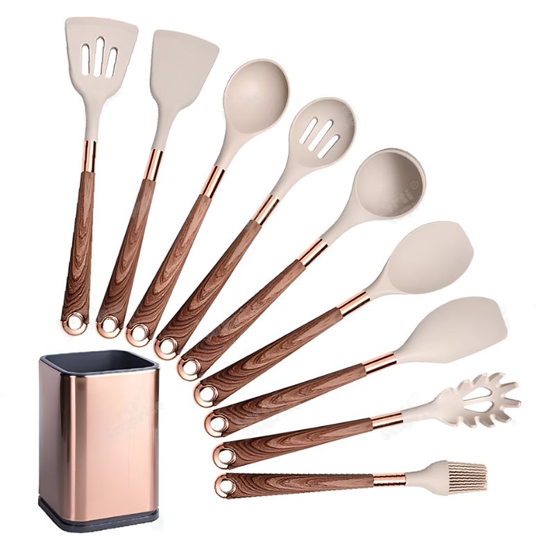 Kit Utensílios de Cozinha Silicone 6, 10 e 12 Peças Com Organizador Rosé