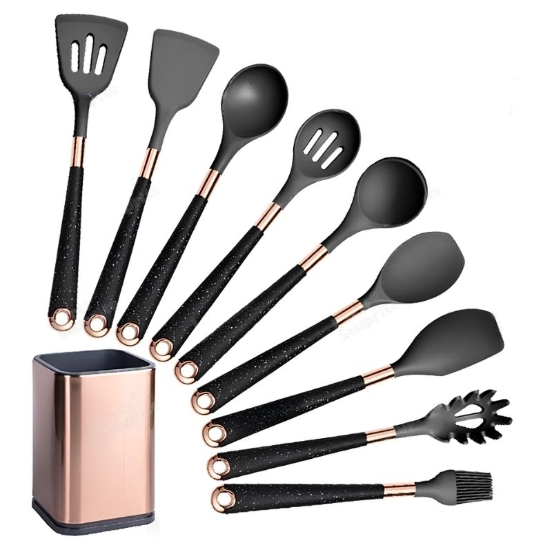 Kit Utensílios de Cozinha Silicone 6, 10 e 12 Peças Com Organizador Rosé