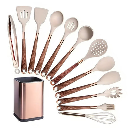 Kit Utensílios de Cozinha Silicone 6, 10 e 12 Peças Com Organizador Rosé