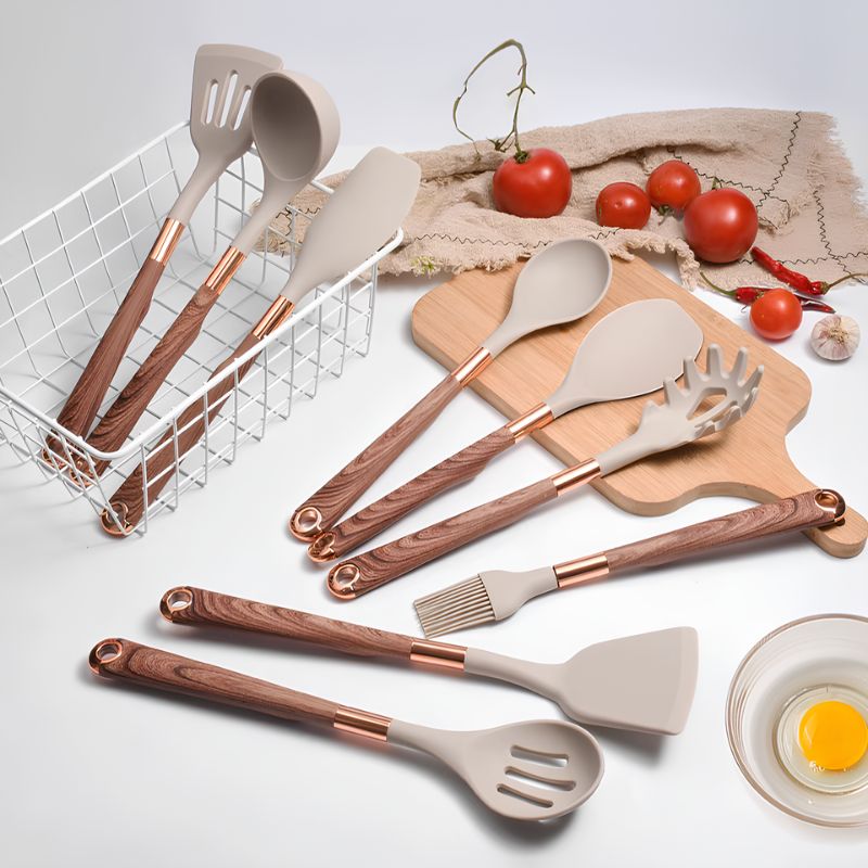 Kit Utensílios de Cozinha Silicone 6, 10 e 12 Peças Com Organizador Rosé